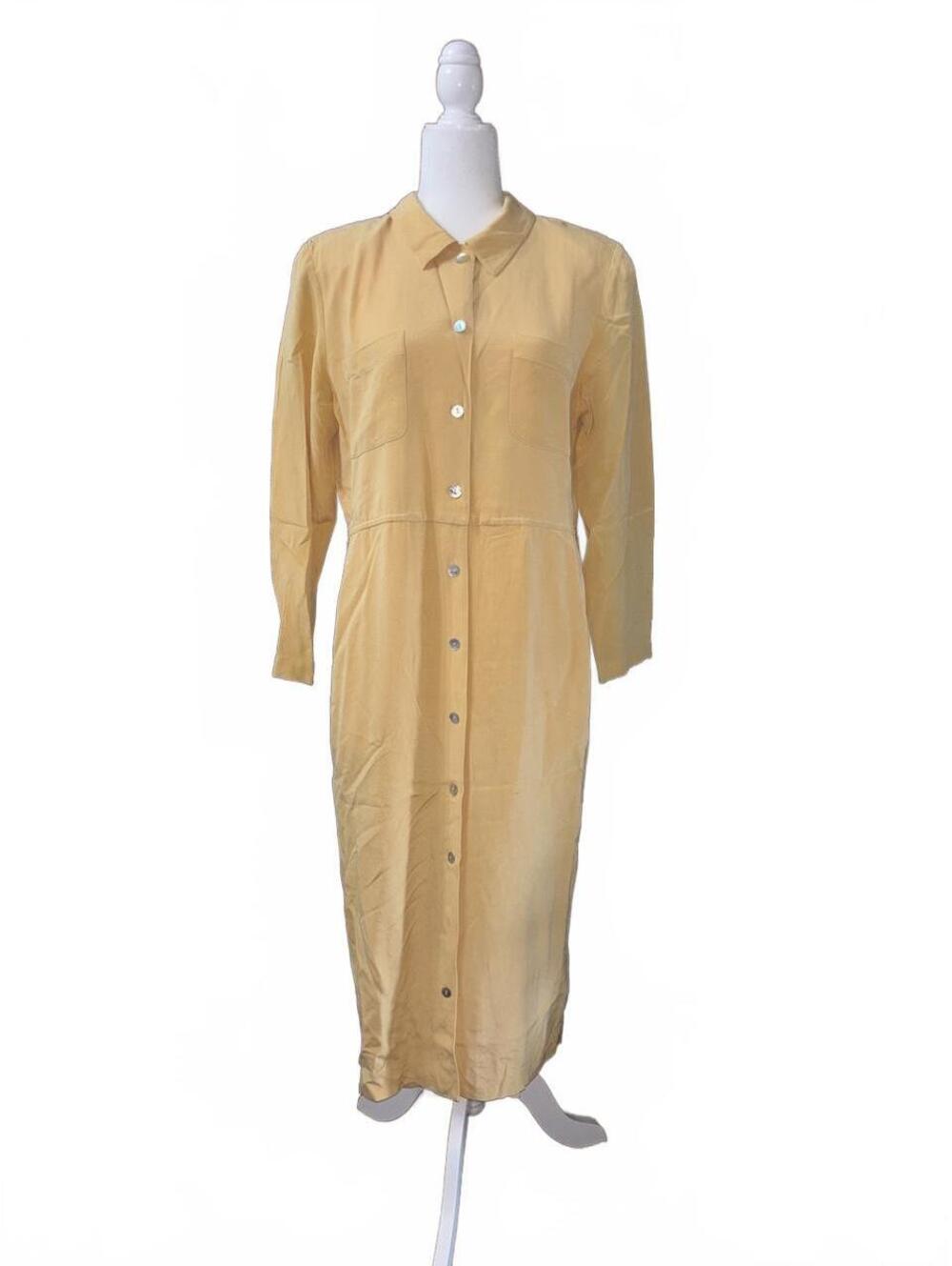 Vintage 1990s Talbots yellow silk maxi dress with button-up front and pockets